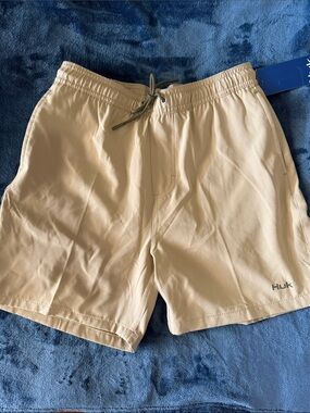 Huk Youth  Swim Trunks in Beige with Gray Drawstring